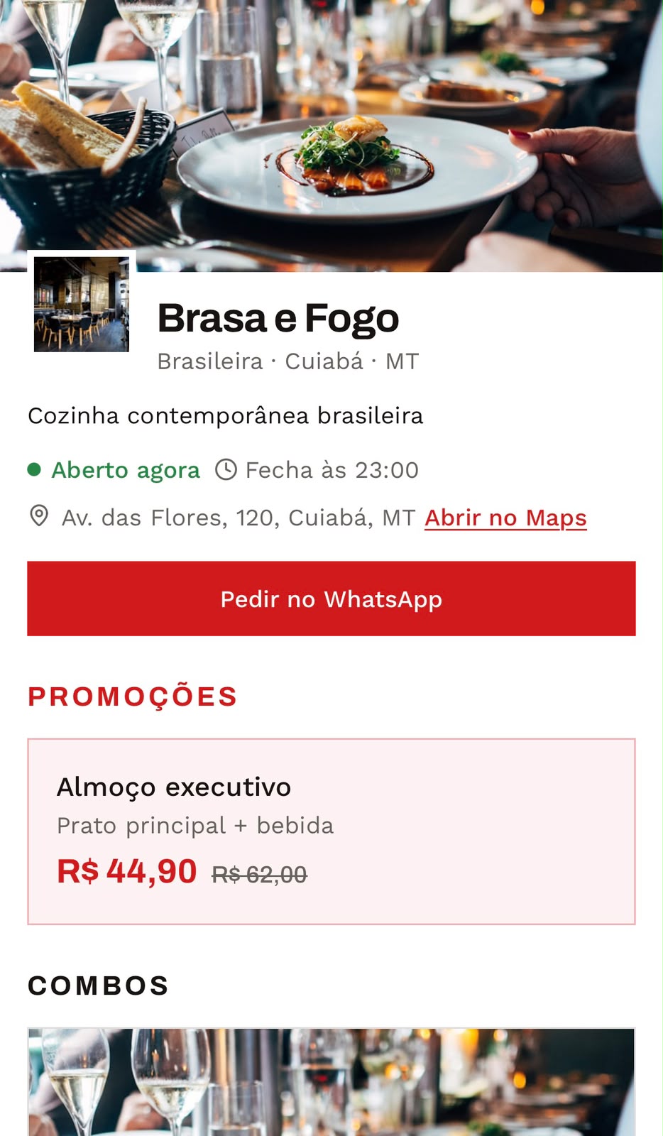 Cardápio digital aberto no celular
