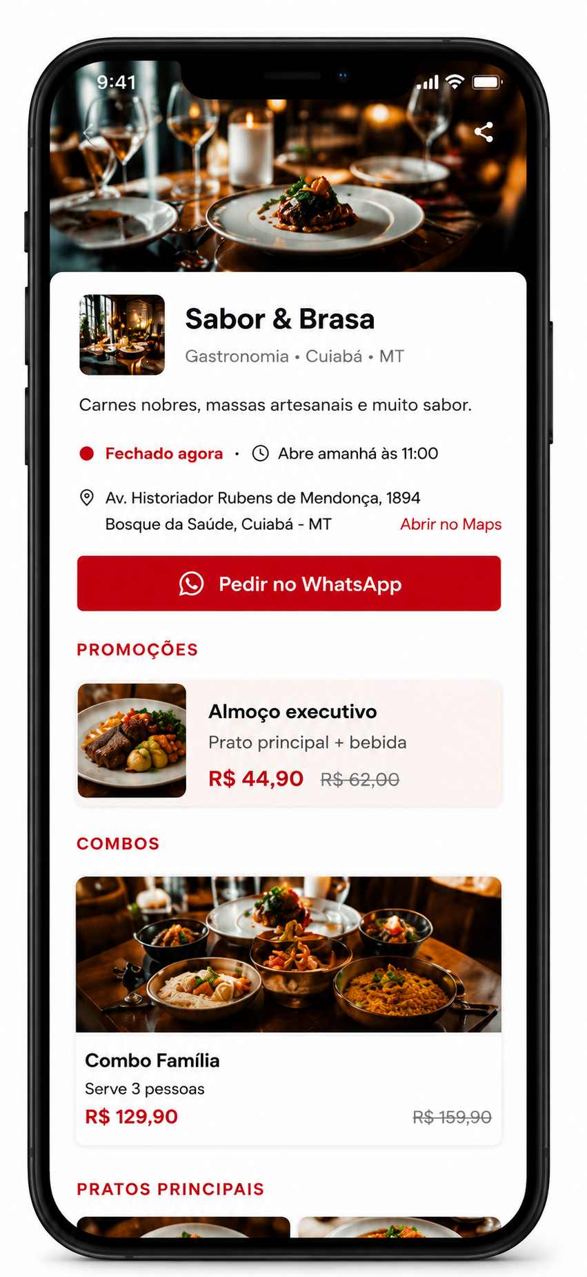 Cardápio digital aberto no celular